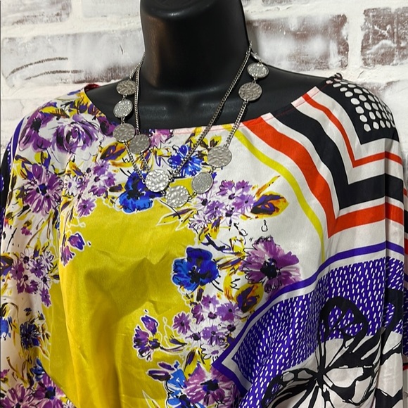 CAbi Asymmetrical Yellow and Purple Tie Front Blouse - Picture 2 of 6